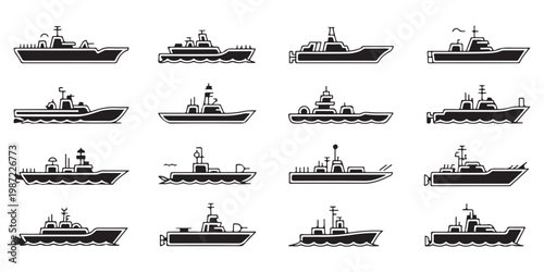 Set of Sixteen Naval Warship Silhouettes in Grid Layout