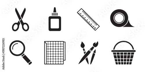 Collection of craft supplies icons on transparent background, scissors glue ruler tape magnifier grid.