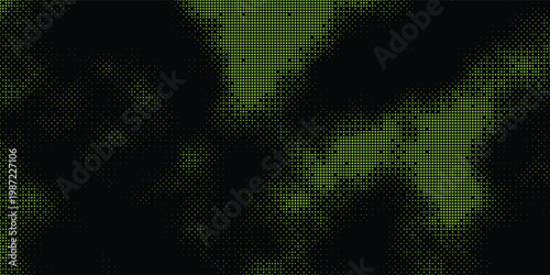 Abstract green pixelated forms float against stark black background, glowing digital texture and layered depth contrast, background design