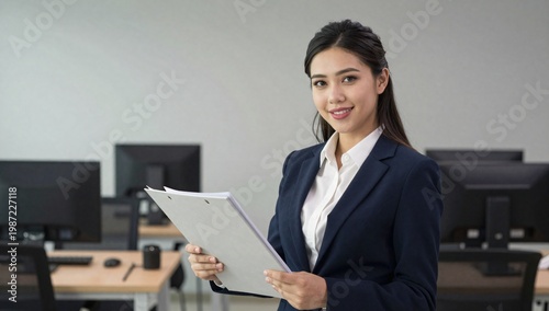 Confident young business woman holds a clipboard in an office setting