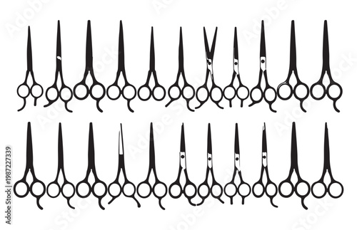 Professional hair stylist scissors silhouette icons for barber shop and salon equipment branding and design.