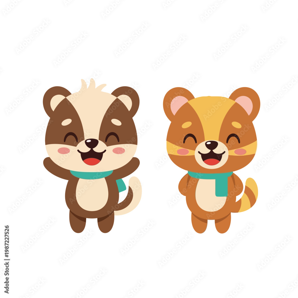 Fototapeta premium Cute Cartoon Tanuki and Raccoon Characters Wearing Teal Scarves