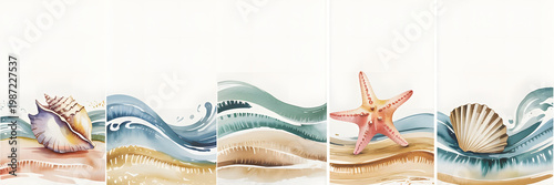 Watercolor seaside set composition with shells and starfish, ocean waves and sandy beach background, coastal summer design set banner