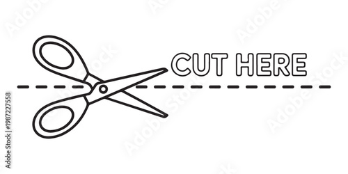Outline scissor icon with dashed line and text cut here on transparent background indicating a cutting area.