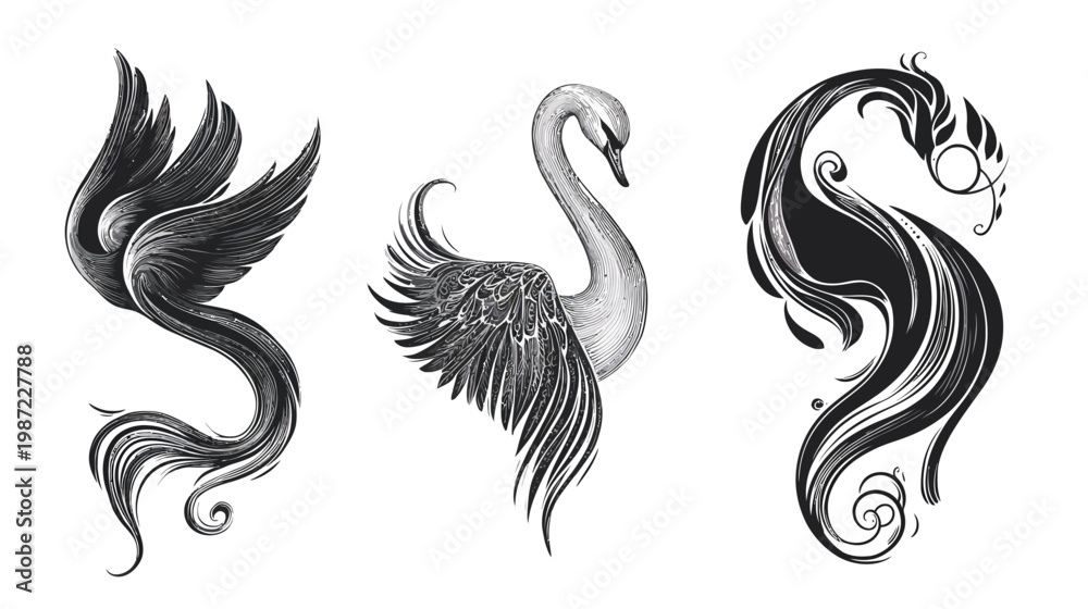 Fototapeta premium Three stylized grayscale illustrations of birds and floral elements on a white background