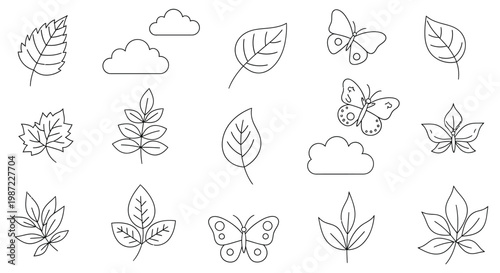 A collection of leaves and butterflies with clouds isolated on white background, Vector, illustration