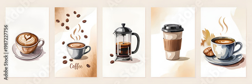 Minimalist watercolor coffee posters set with latte, espresso, french press and takeaway cup, modern cafe wall art collection