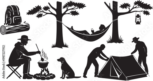 Camping, outdoor adventure, black silhouette icons, vector graphics, travel, recreation
