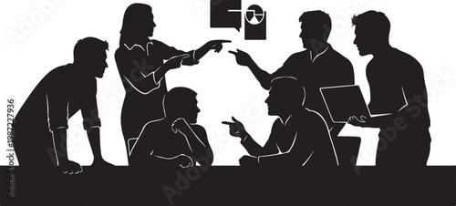 Business team, office collaboration, black silhouettes, white outline, teamwork vector