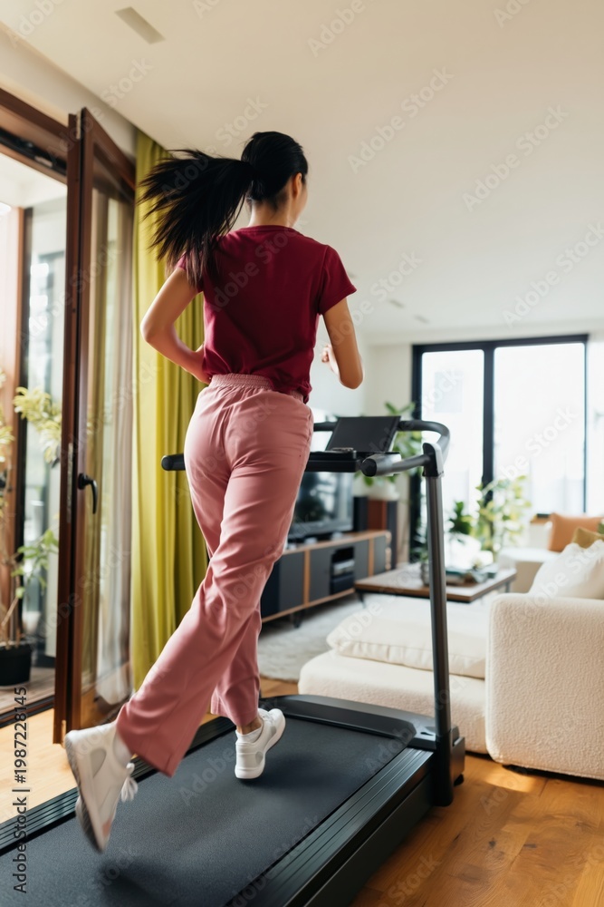Fototapeta premium Young woman running on treadmill near glass doors at home