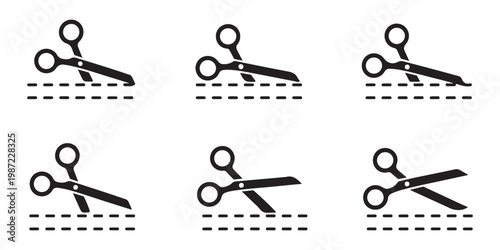 Black silhouette scissors icons with dashed lines indicating various cutting paths for craft projects design.