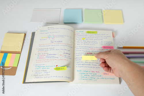 Schilderij op canvas Study setup with sticky notes and hand organizing information, highlighting productivity and learning process