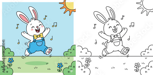 Cute Cartoon Bunny Happily Skipping and Singing in a Sunny Spring Meadow