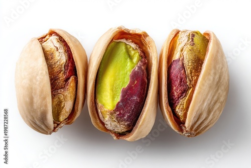 Unopened pistachio shells with one shell partially open revealing green nut, isolated on white background, showcasing natural textures and colors, ideal for food photography