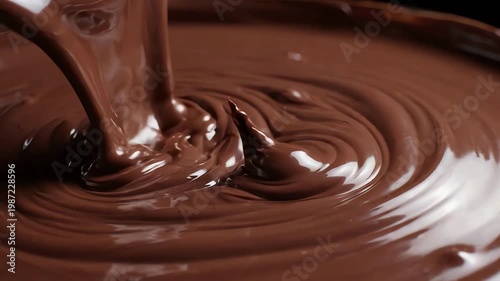 Macro Slow Motion of Liquid Milk Chocolate Pouring into a Swirling Pool