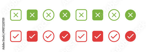 Set of cross and check mark icons. green checkmark red cross mark flat circle. vector illustration