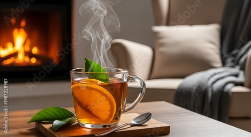 Steaming cup of orange tea with green leaves by cozy fireplace and armchair hot drink slice citrus