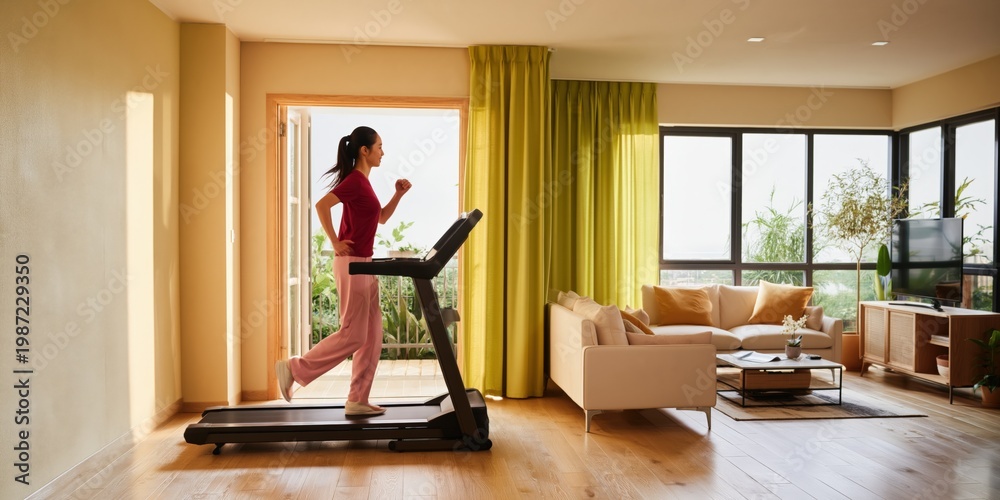 Fototapeta premium Woman running on treadmill in bright modern apartment living