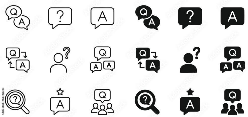 Fototapeta premium Question and Answer Icon Set – Q&A, Chat Bubble, Support, Help Center, FAQ Dialog Editable Line Vector