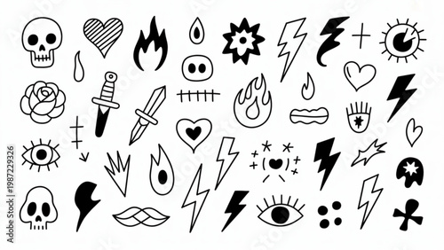 Tattoo Doodle Set Hand Drawn Ink Elements Vector Collection