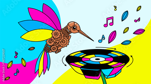 Mechanical Hummingbird and Vinyl Record Flower Pop Surrealism Flat Illustration with Bold Outlines