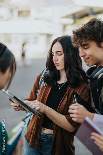 Three young students gather outdoors reviewing notes on a tablet and clipboard. A casual study group collaborates and discusses while holding notebooks and backpacks.