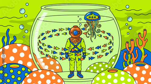 Retro Diver in Fishbowl with Polka Dot Coral Pop Surrealism Flat Illustration with Bold Outlines