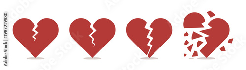 Broken heart evolution showing stages of cracking and shattering into pieces for emotional pain illustration.