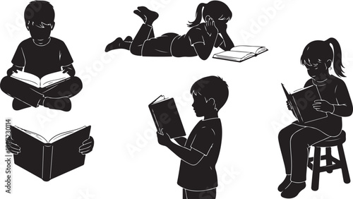 Kids reading, children with books, black silhouettes, educational icons, reading kids