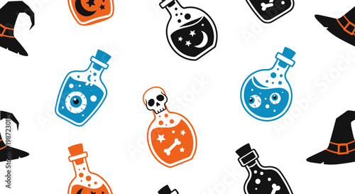 Halloween Potion Bottles Seamless Pattern Vector Illustration with Witch Hats and Magic Ingredients for Festive Party Backgrounds and Spooky Holiday Wrapping Paper Designs