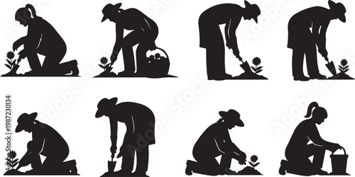 Black silhouette gardening icons, vector gardeners planting flowers, landscaping symbols, 8 people working
