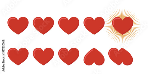 Set of ten shiny red heart vector illustrations with different gloss and one heart with glowing rays.