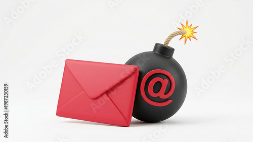 Email bomb and red envelope, cybersecurity threat, network abuse, spam risk