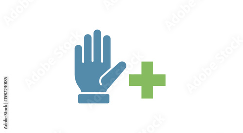 Hand Plus Symbol Vector Illustration Featuring a Blue Hand Icon and a Green Medical Cross for Healthcare and Medical Assistance UI Design Concepts
