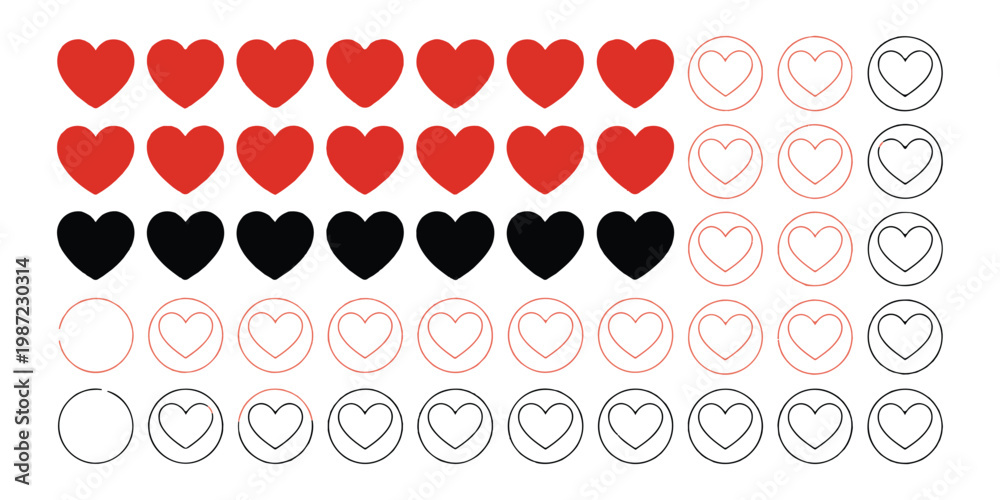 Fototapeta premium Five rows hearts red black outline mixed on grey background icons collection.