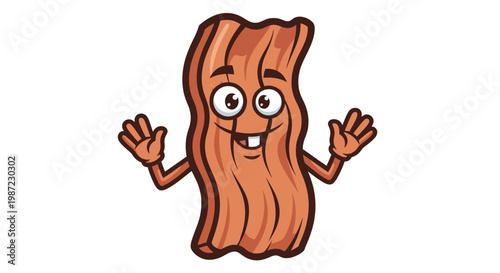 Happy Bacon Strip Cartoon Character Vector Illustration, Cheerful Breakfast Food Mascot Design for Restaurant Menu or Culinary Branding Projects