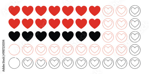 Five rows hearts red black outline mixed on grey background icons collection.