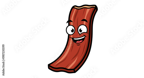 Happy Cartoon Bacon Strip Vector Illustration, Cheerful Breakfast Food Character with Smiling Face, Fun Culinary Mascot Design for Restaurant Menu or Cooking Branding