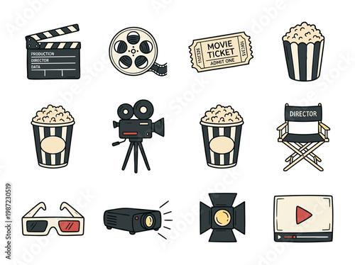 Cinema and movie icons set: hand-drawn clapperboard, popcorn, and film reel doodle sketches for entertainment