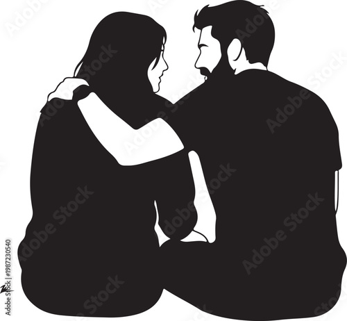 Black silhouette couple, romantic pair, love illustration, vector icon