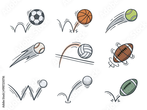 Sport Ball Trajectory Icons Set: 9 Hand-Drawn Doodle Motion Paths for Soccer Basketball and Football