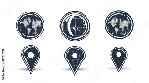 Set of global maps within circular frames and map pointer icons, all in a flat, dark blue design