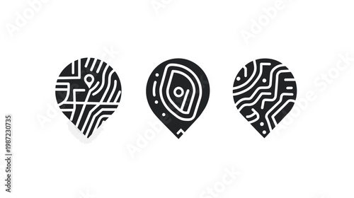 Three minimalist map pin icons with varying designs, black shapes, white lines, simple and clean