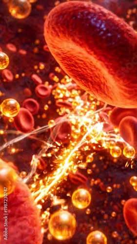 Glucose insulin blood sugar hormone red blood cell diabetes metabolism bloodstream medical illustration of glucose and sugar flow through blood vessel with insulin hormone signaling around red cell