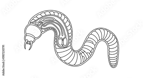 Hookworm Anatomy Vector Illustration, Detailed Parasitic Worm Diagram for Biological Education and Medical Science Research Projects