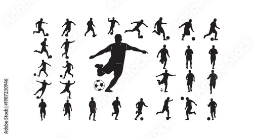 Soccer player vector set. collection of football players in various poses, kicking ball and running.