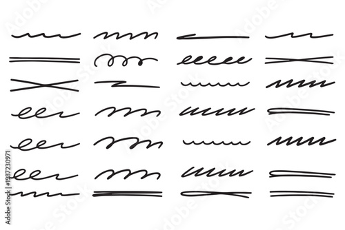 Line color brush underline set. Line underline brush hand drawn pen marker strokeswoosh, squiggle shape..Doodle scribble wavy wave highlight handwriting ink shape background. Vector illustration.