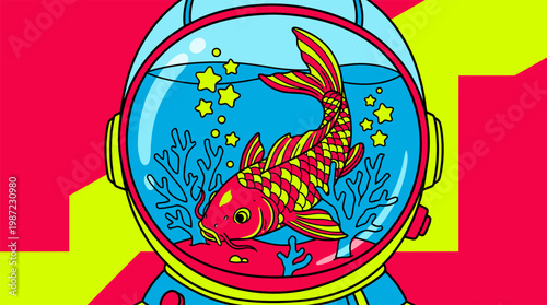 Astronaut Helmet Fishbowl with Koi Fish and Star Shaped Bubbles Pop Surrealism Flat Illustration with Bold Outlines