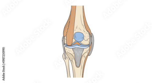 Human Knee Joint Anatomy Vector Illustration, Detailed Medical Diagram of Patella and Ligaments for Orthopedic Education and Healthcare Clinical Study