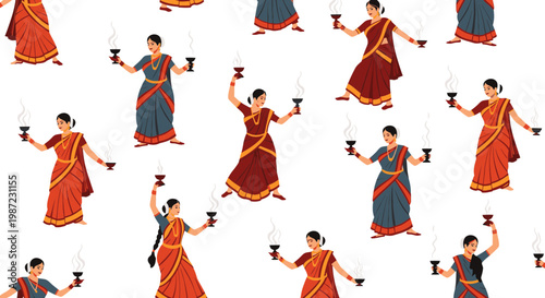 Indian Women Performing Traditional Diya Lamp Dance Vector Illustration, Cultural Festival Pattern Design for Ethnic Celebration Backgrounds